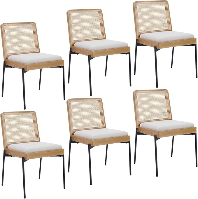 LukeAlon Cane Back Linen Dining Chairs Set of 6, Upholstered Square Back Kitchen Chairs with Blac... | Amazon (US)
