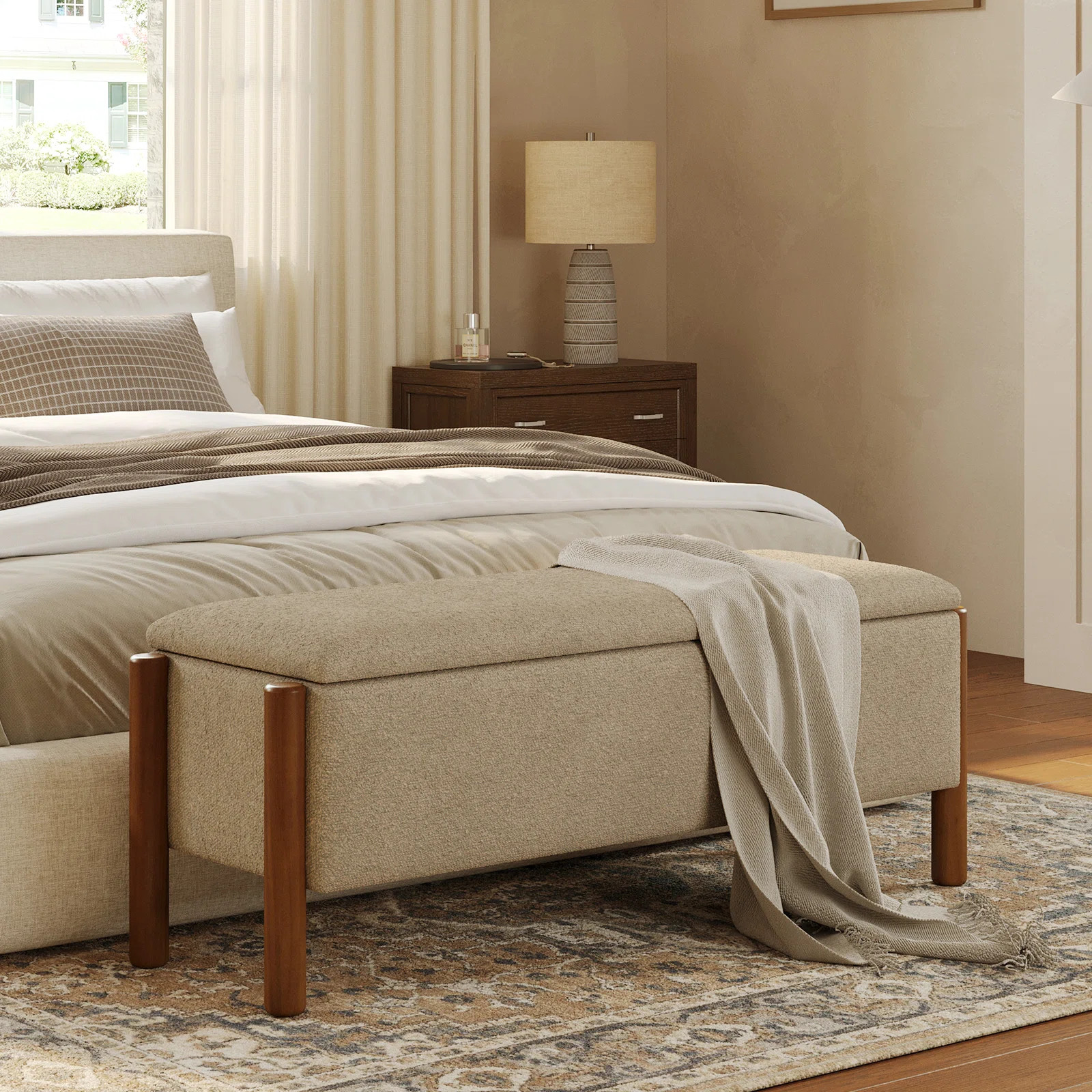 47'' Modern Upholstered Storage Bench With Walnut Wood Legs | Wayfair North America