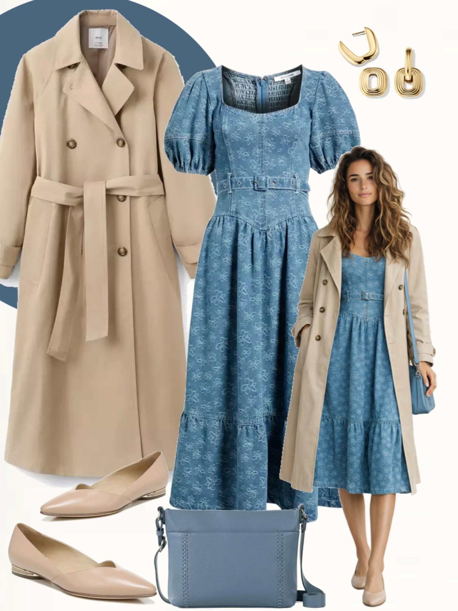 Blue embroidered denim midi dress with puff sleeves styled with a beige trench coat, nude pointed flats, and a soft blue crossbody bag. Finished with gold statement earrings.
#denimdress #springstyle #casualchic

#LTKOver40 #LTKootd #LTKSeasonal