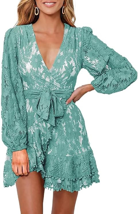 FARYSAYS Womens Lace Wrap Mini Dresses Floral V Neck Ruffle Short Dress with Belt | Amazon (US)