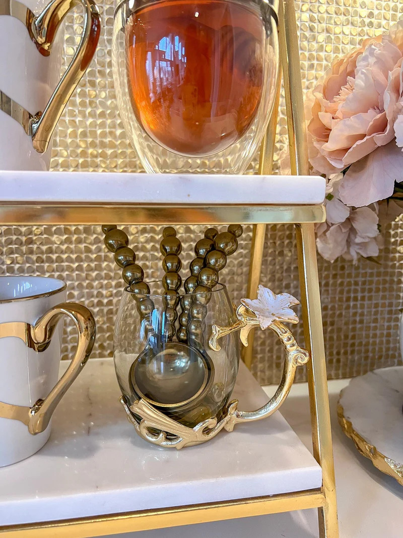 14oz. Decorative Glass Mug with Gold Design Handle & Flower Details (3 Colors) | Inspire Me! Home Decor