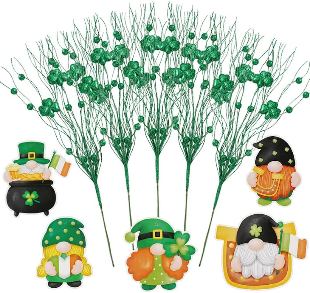 10 Pcs St Patrick Day Decorations Artificial Shamrock Berry Stems Picks Set Glitter Green Clover ... | Amazon (US)