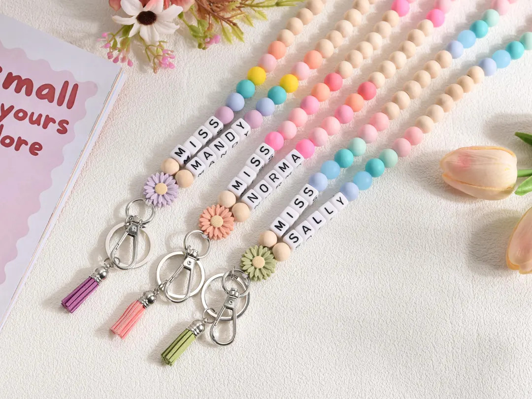 Personalized Teacher ID Lanyard With Name, Boho Silicone Beaded Badge Holder With Tassel - Etsy | Etsy (US)