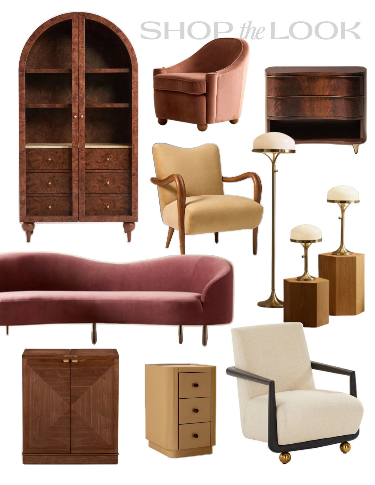 Art Deco inspired furniture finds with curved velvet sofa, burl wood nightstand and glass door armoire, deco armchairs, half-dome floor lamp, and lacquered side table, decor inspired by Sommerro House hotel in Oslo

#LTKHome