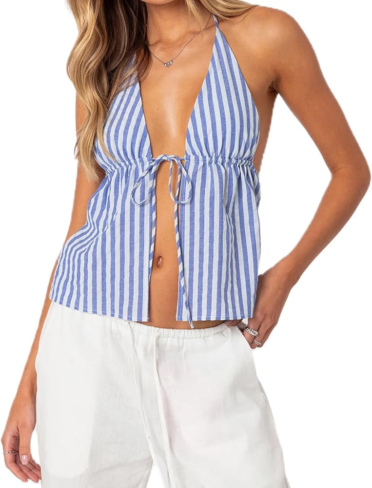 RUEWEY Women Striped Shirt Tie Front Halter Tank Top Sexy Deep V Neck Sleeveless Backless Cami Sh... | Amazon (US)