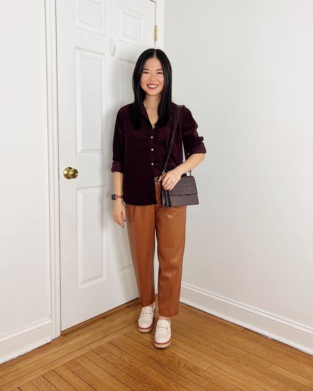 Burgundy shirt (XS)
Burgundy velvet shirt 
Brown faux leather pants (27P)
Burgundy bag 
JW Pei bag
White loafers  (TTS)
White chunky loafers 
White lug sole loafers 
Smart casual outfit 
Fall outfit 
LOFT outfit 

#LTKSeasonal #LTKsalealert #LTKfindsunder50
