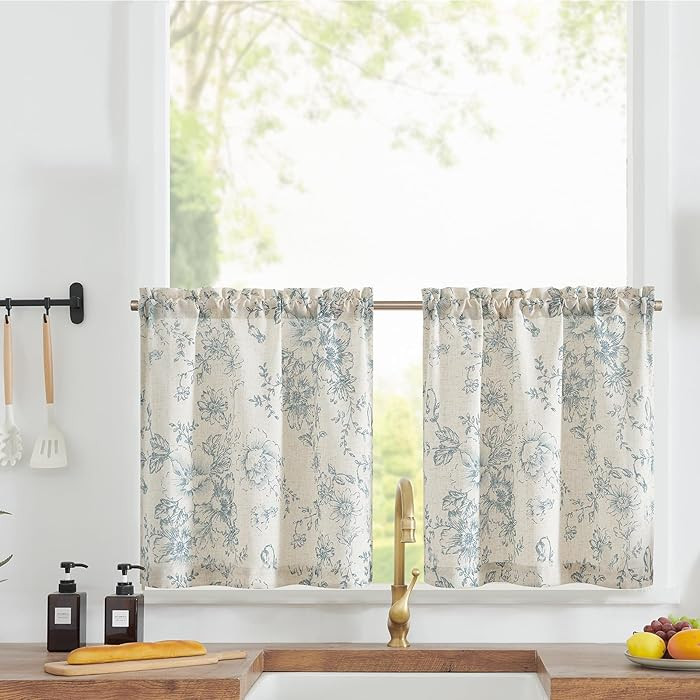 jinchan Floral Linen Tier Curtains Blue Flower on Beige Cafe Curtains 24 Inch Length Kitchen Livi... | Amazon (US)