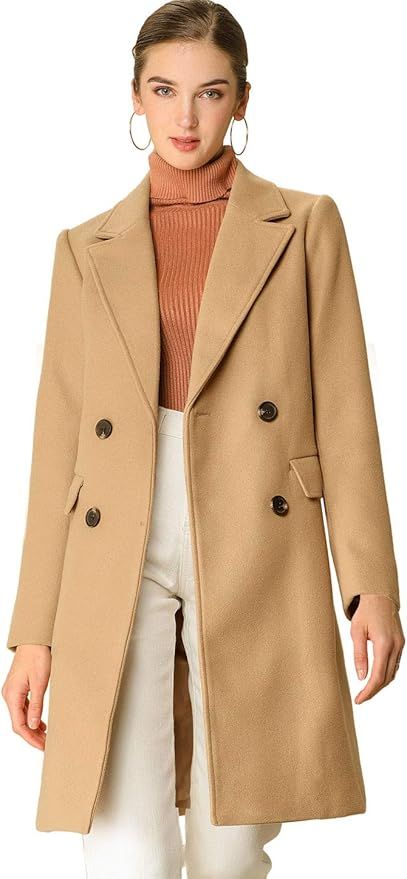 Allegra K Women's Notch Lapel Double Breasted Belted Mid Long Outwear Winter Coat | Amazon (US)