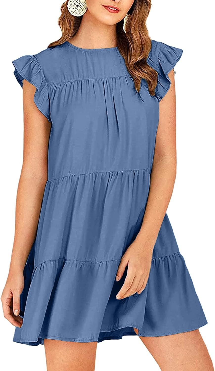 Remidoo Womens Babydoll Tiered Mini Dress Round Neck Short Sleeve Ruffle Pleated Swing... | Amazon (US)