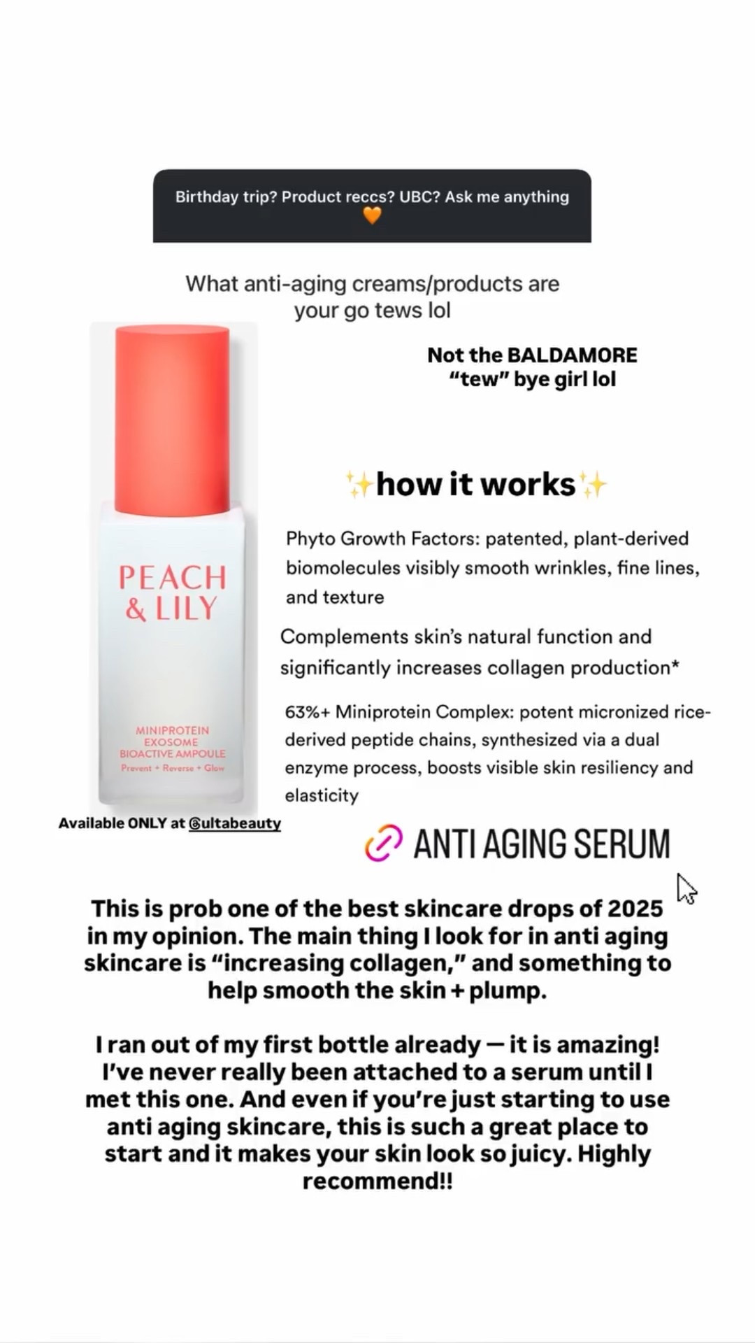 One of the best anti aging serums from peach and Lily. It’s available only at Ulta Beauty 

#LTKBeauty #LTKFindsUnder100