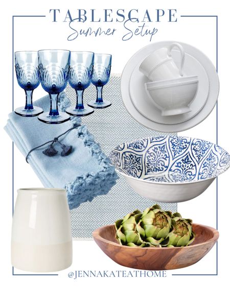 Create a beautiful summer tablescape with blue wine glasses, linen napkins, neutral vase, plates, decorative wooden bowls with artificial artichokes, herringbone rug, blue and white decorative, serving bowls and more coastal style home decor

#LTKHome #LTKSeasonal #LTKFamily