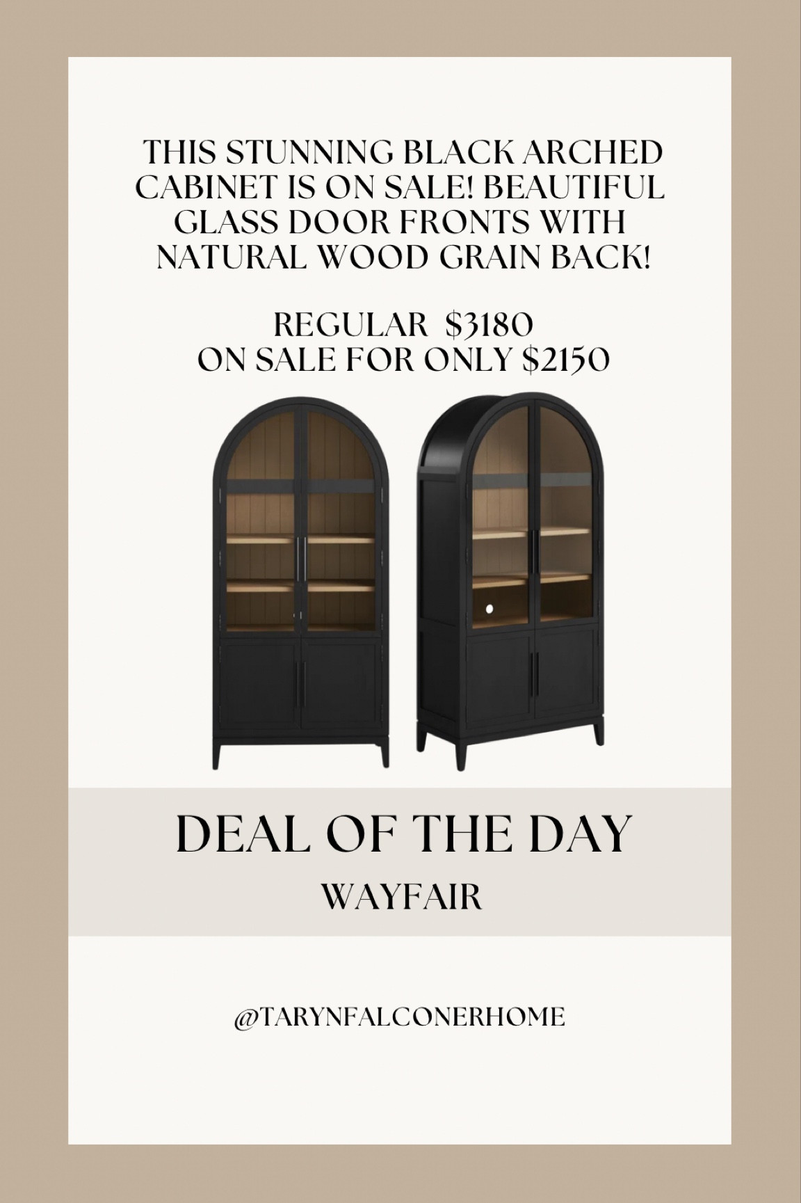 ON SALE! This stunning Black arched cabinet with glass door fronts and a natural wood back! 
Regular-$3180
On Sale-$2150

#LTKsalealert #LTKhome #LTKstyletip