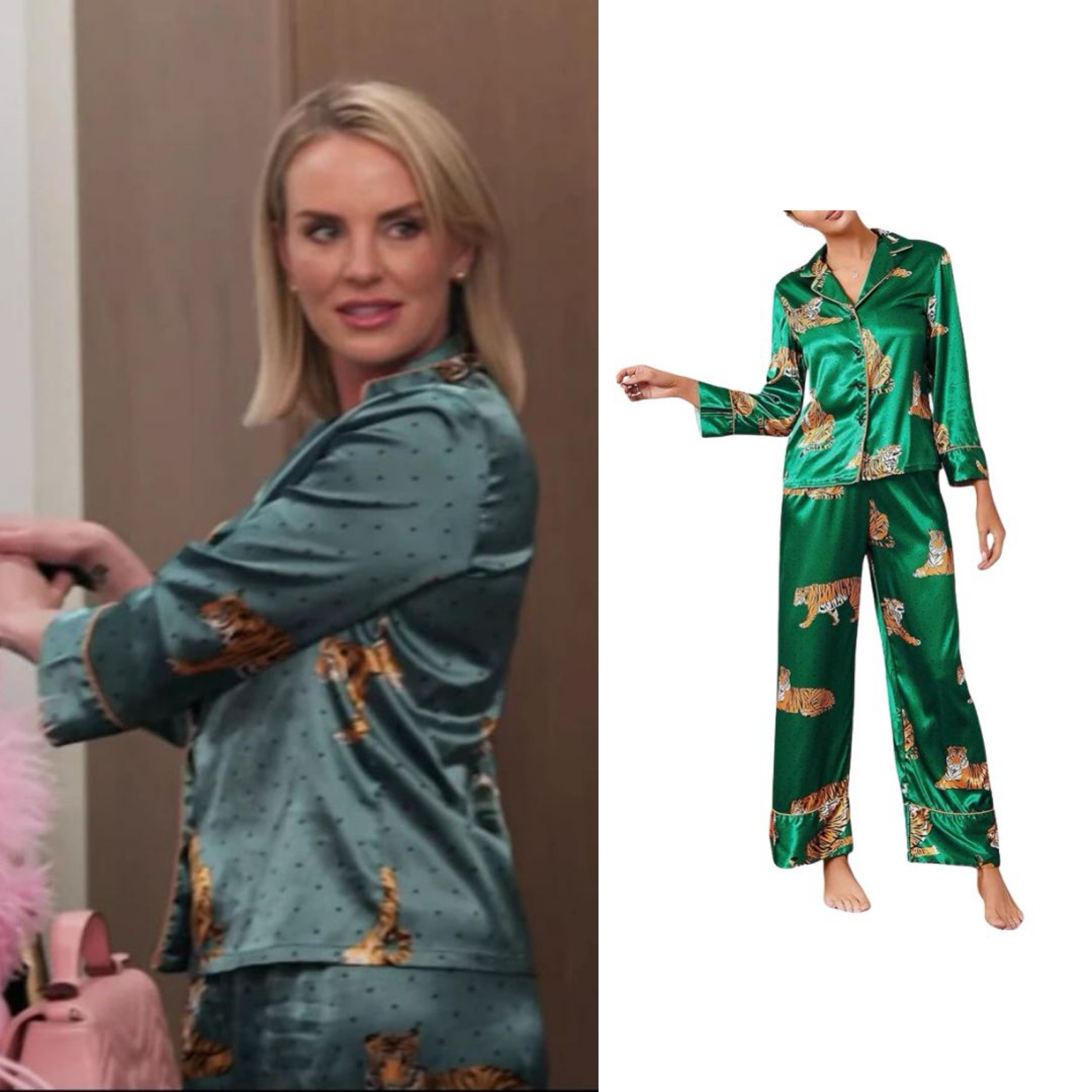 Whitney Rose’s Green Satin Tiger Print Pjs