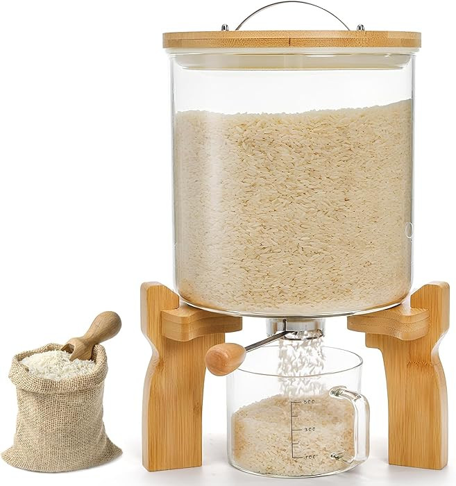 Goaste Dispensador de arroz de vidrio con soporte de bambú, recipiente de cereales de harina de ... | Amazon (US)