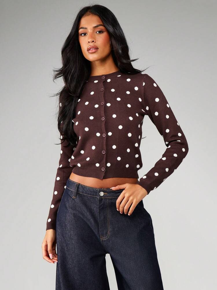 MISSGUIDED Polka Dot Button Front Cardigan With Round Neck Long Sleeve Knit Sweater For Fall Wint... | SHEIN