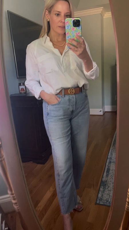90s high rise loose jeans, white button down, classic outfit, preppy outfit 

#LTKOver40 #LTKFindsUnder50 #LTKFindsUnder100