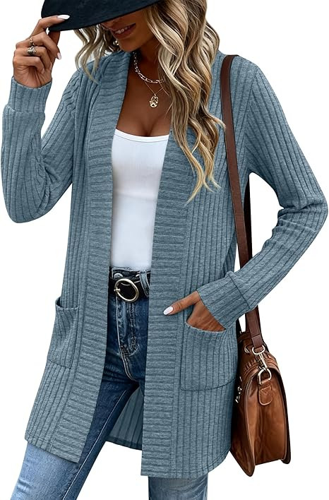 Women's Long Cardigan Sweater with Patch Pockets, Open Front Long Sleeve Lightweight Loose Ribbed... | Amazon (US)