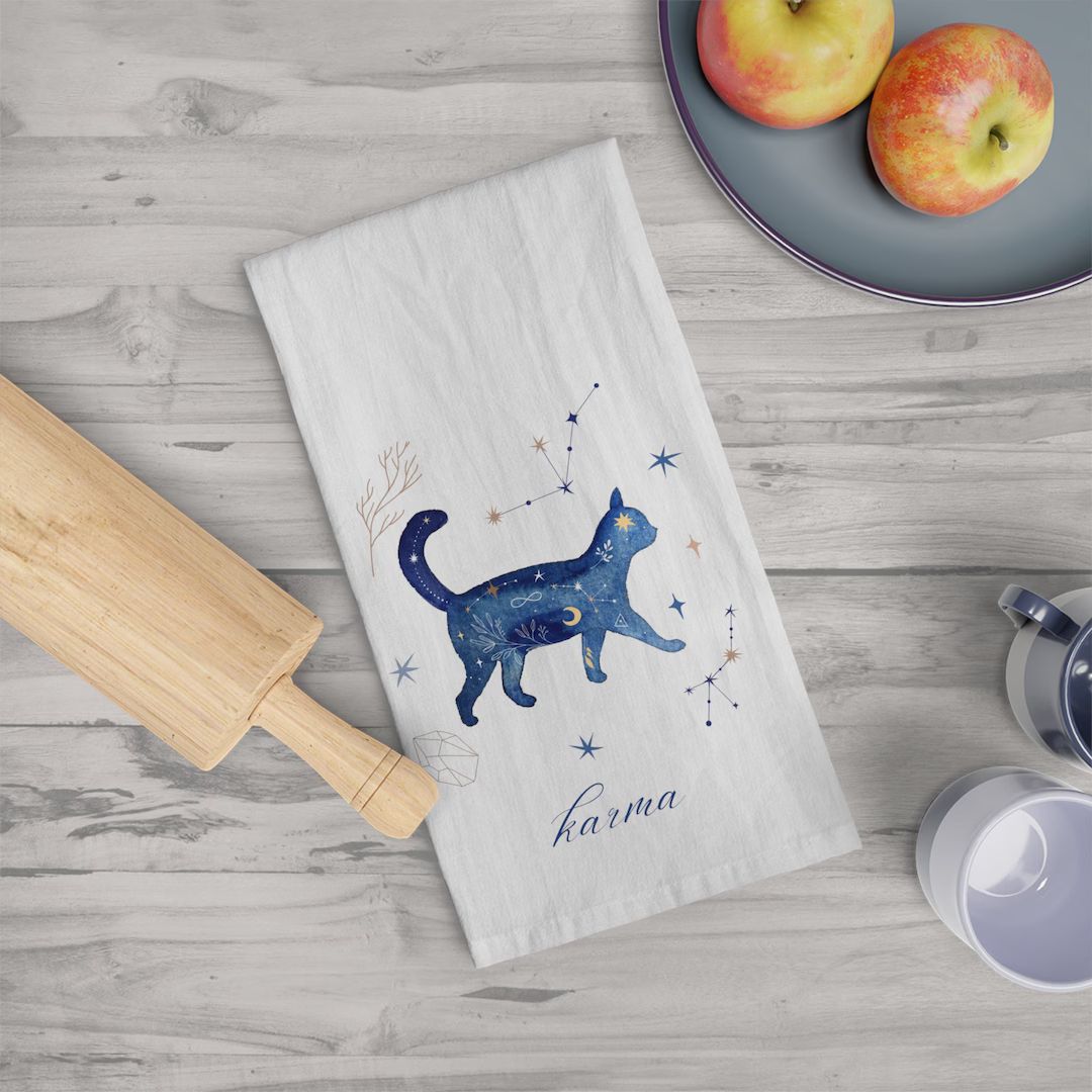 Karma is a cat tea towel celestial cat hostess gift cat lover kitchen karma towel eras gift cat k... | Etsy (US)