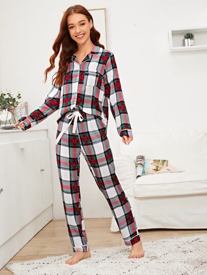 Tartan Button-up PJ Set | SHEIN