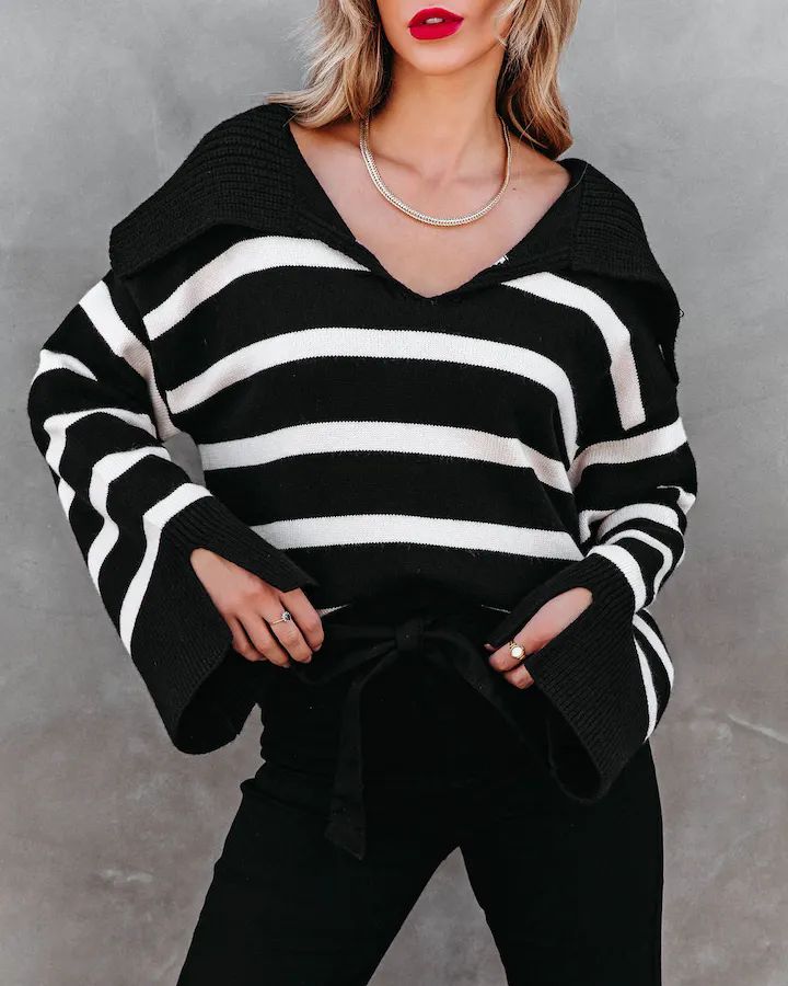 Maxwell Striped Knit Pullover Sweater - Black | VICI Collection