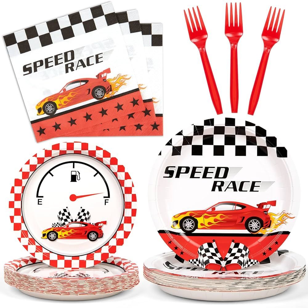 DECORLIFE Race Car Birthday Party Supplies Serves 24, Includes Paper Plates and Napkins, Forks fo... | Amazon (US)