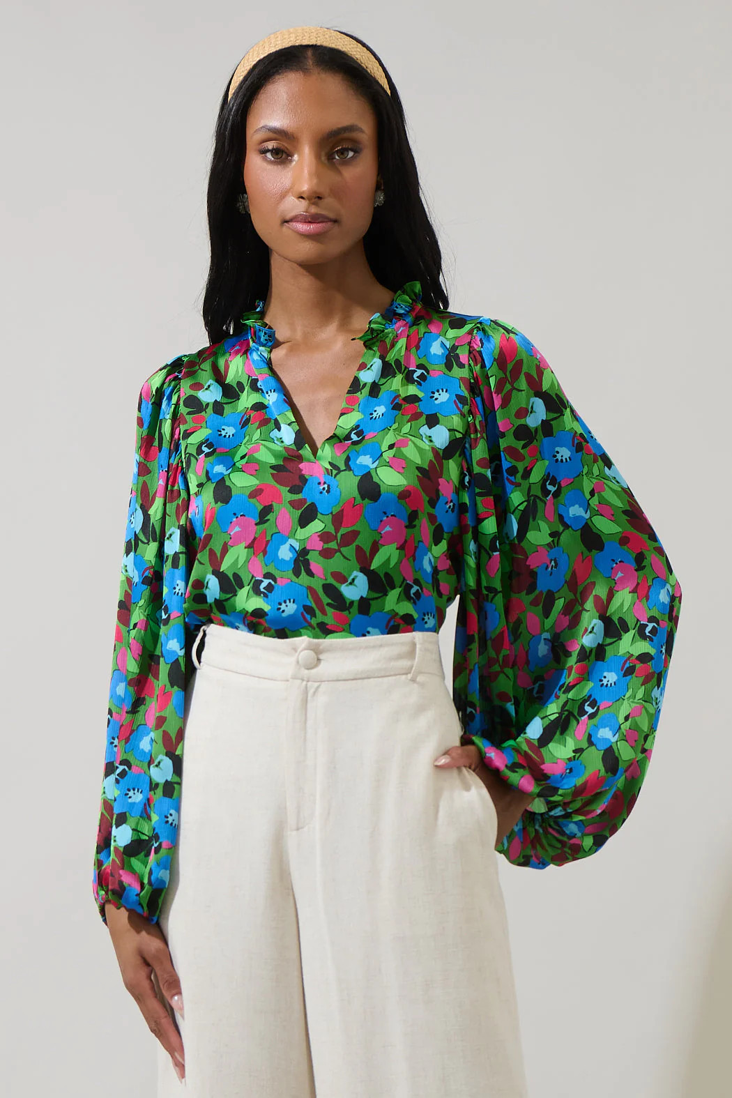 Destine Floral Hathaway Split Neck Long Sleeve Blouse | Sugarlips