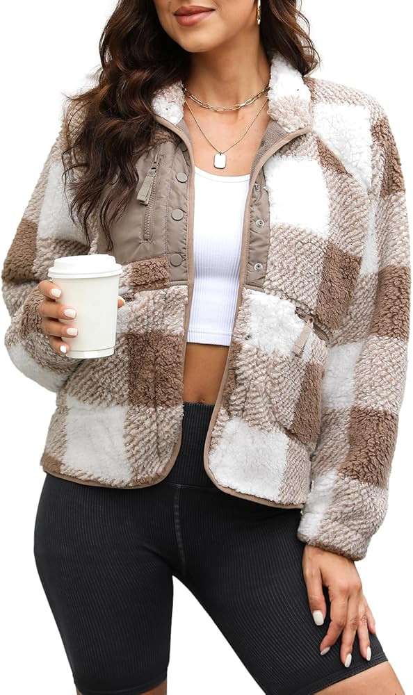 Yanekop Womens Fleece Jacket Fuzzy Long Sleeve Short Coats Button Down Sherpa Outerwear With Pock... | Amazon (US)