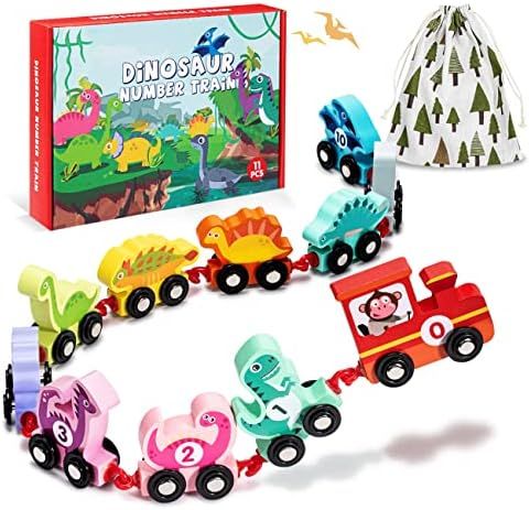 EDUJOY 11 PCS - Wooden Dinosaur Train Cars with Numbers | Montessori Educational Toy Train Set fo... | Amazon (US)