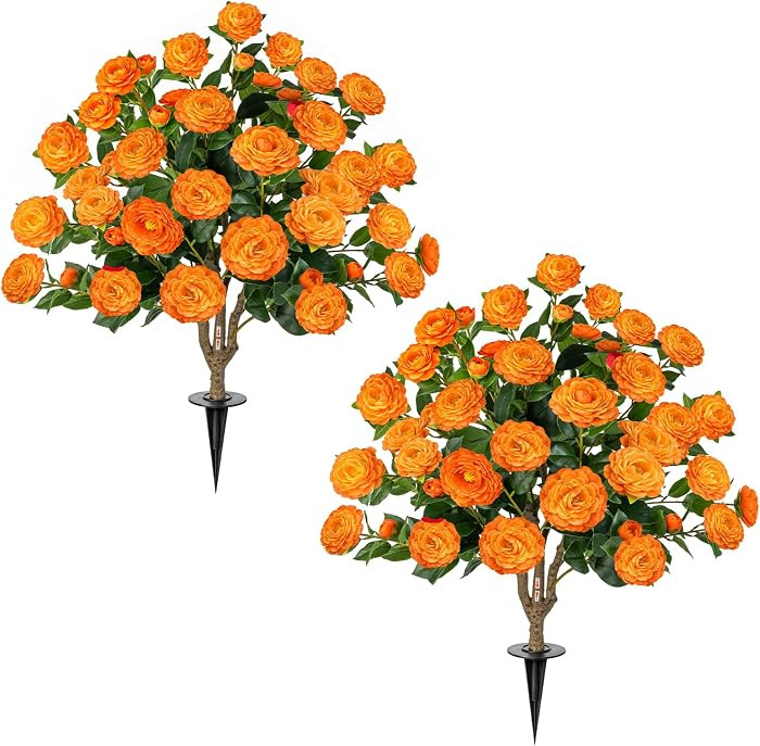 2 Pack 3FT Artificial Camellia Tree with Ground Spike, Full Bloom Fake Camellia Plant Outdoor, De... | Amazon (US)