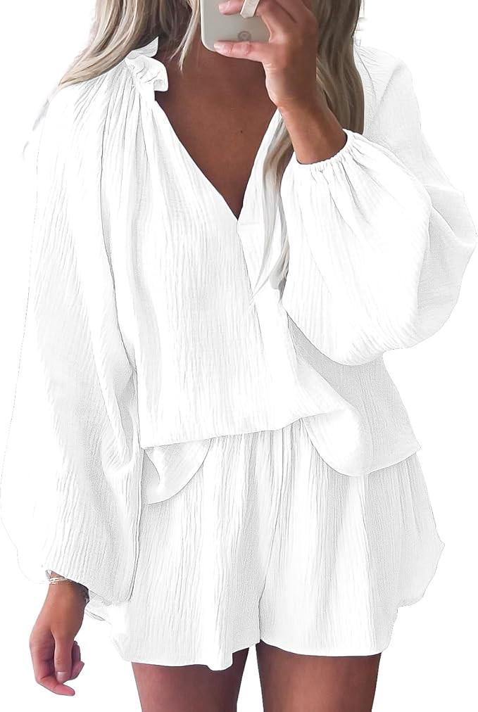 Bonnorth Women's Two Piece Outfits V Neck Casual Lantern Sleeve Textured Shirt and Shorts Loose L... | Amazon (US)