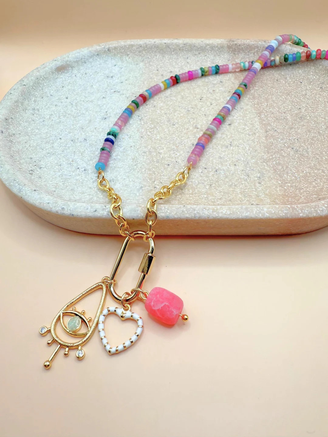 Carabiner Charm Necklace With Chain & Beads - Etsy | Etsy (US)