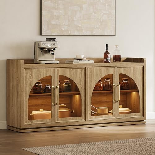 SICOTAS Sideboard Buffet Cabinet with Storage and LED Lights-Modern Large Credenza Storage Cabinet with Arch Glass Doors, Adjustable Shelves, 61.7" Wooden Media Console Coffee Bar Cabinet, Brown Oak | Amazon (US)
