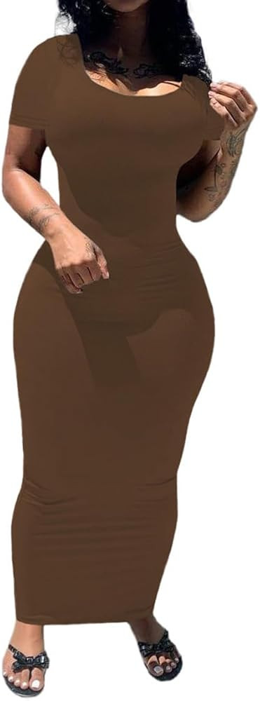 PINSV Women's Casual Bodycon Maxi Dress Summer Scoop Neck Short Sleeve Long Fitted Dresses Club P... | Amazon (US)