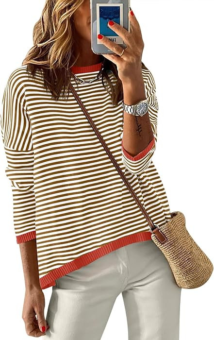 ANRABESS Sweaters for Women Striped Top Long Sleeve Shirts Fall Outfits     Color Block,Crew Neck... | Amazon (US)