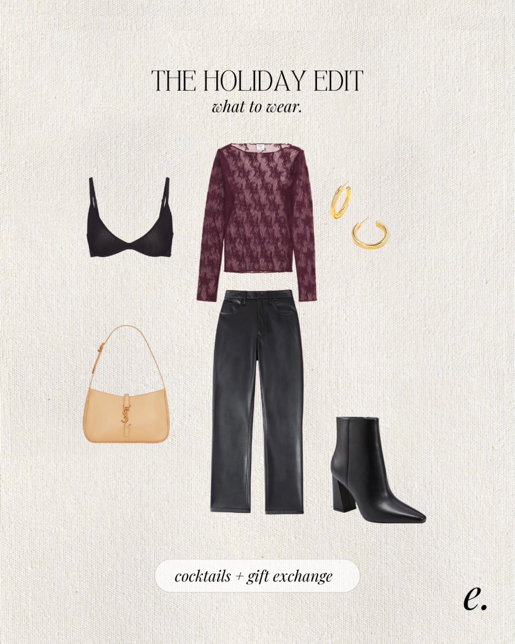 What to wear holiday edition.
Faux leather pants are a winter staple, and I love the leather and lace pairing to keep the look raw but feminine. Would be super cute for cocktails or a holiday party with friends!
Skims bra, mesh lace long sleeve, black booties, gold tube hoops