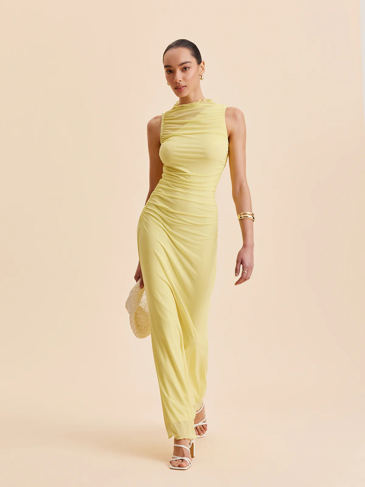 Mesh Ruched Sleeveless Dress | Commense