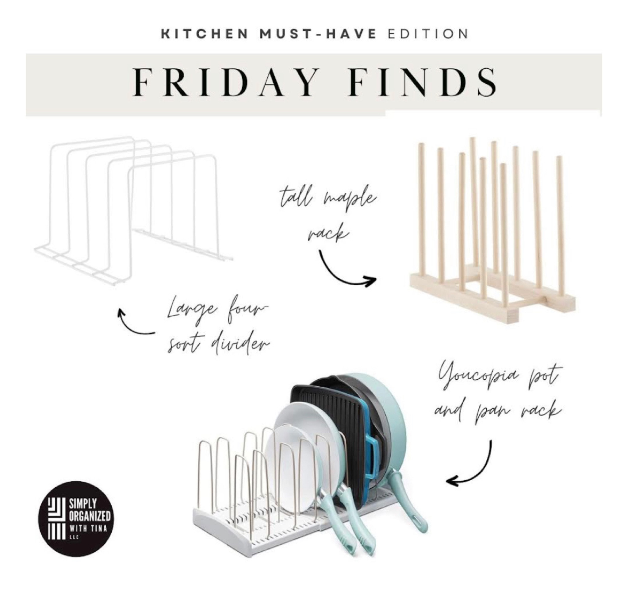 With the holidays right around the corner, it's time to get your pantry and kitchen cabinets organized for cooking and baking holiday treats. Make it easy to access and store all your favorite cookware and bakeware with these three kitchen must-haves:
▪️ Youcopia pot and pan organizer- The gold standard in cookware organizers; the organizer is expandable and adjustable to fit any cabinet and any piece
▪️ Tall maple rack- These racks can be used for narrow pans, cutting boards, and lids; great piece for the "natural look" style
▪️ Large 4-sort divider- Another versatile option for organizing pans, lids, or cookbooks.


#LTKfamily #LTKhome #LTKHoliday