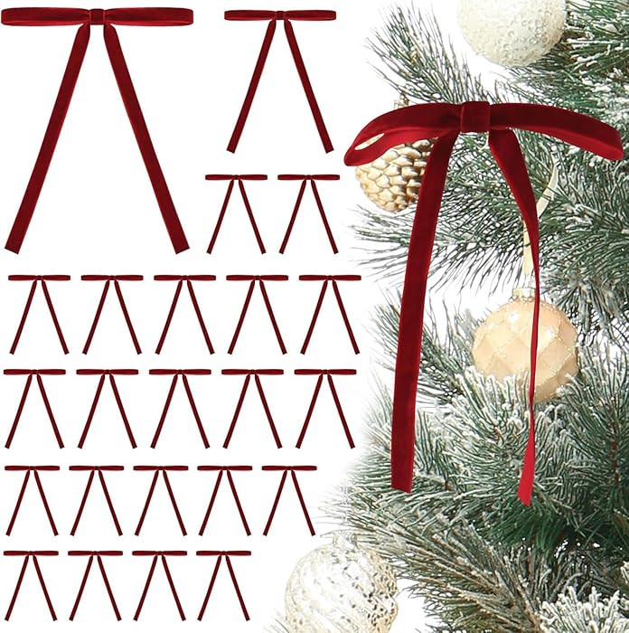 24 Pcs Red Velvet Christmas Tree Bows, Velvet Ribbon Christmas Bow for Tree Door, Wreath, Gift Wr... | Amazon (US)