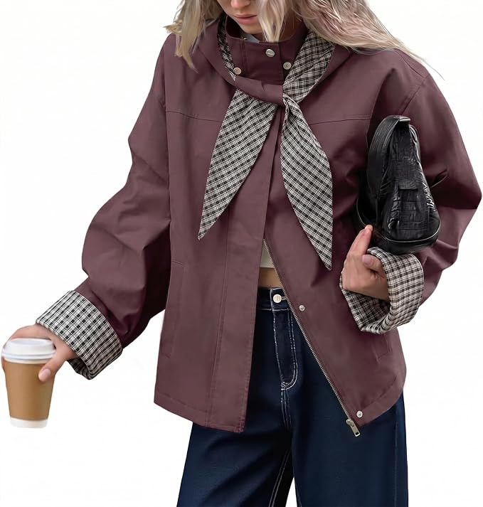 Tankaneo Womens Cropped Trench Coats Fall Jacket with Plaid Detachable Hood | Amazon (US)