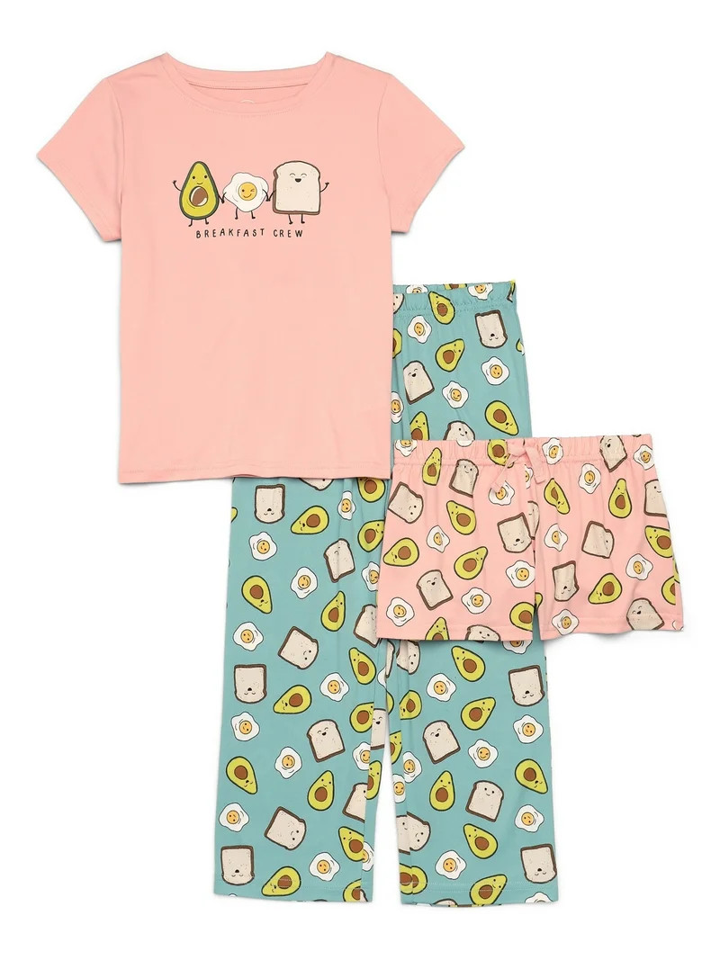 Wonder Nation Girls Short Sleeve Top with Shorts and Pants Pajama Set, 3-Piece, Sizes 4-18 Plus | Walmart (US)