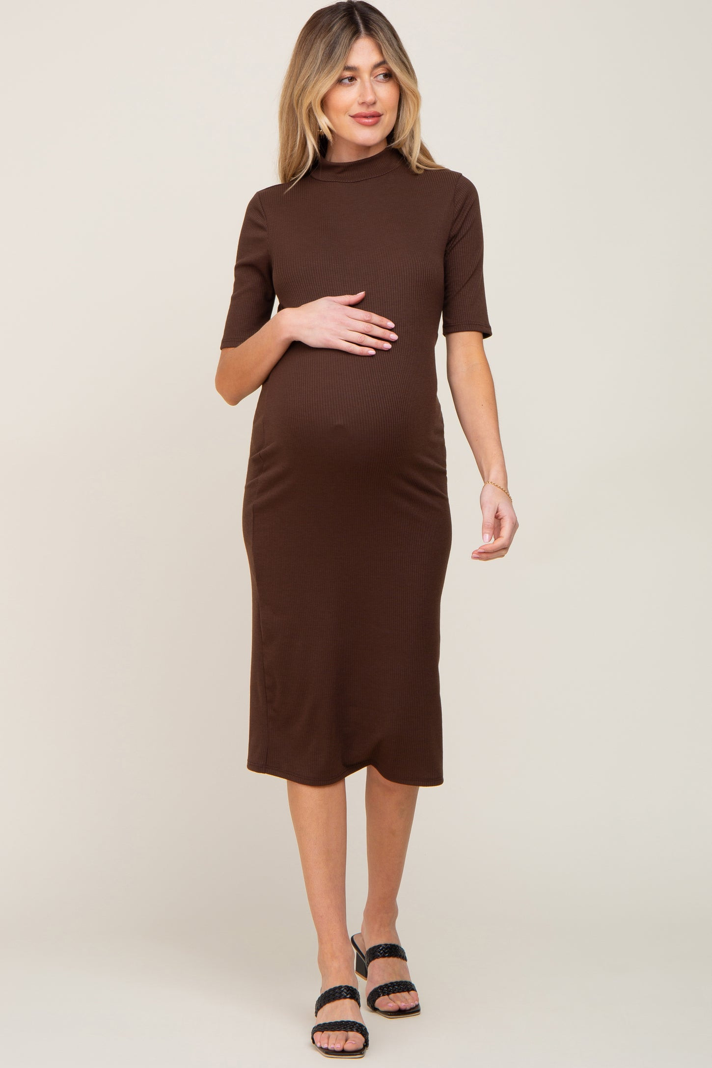 Brown Ribbed Mock Neck Maternity Midi Dress | PinkBlush Maternity