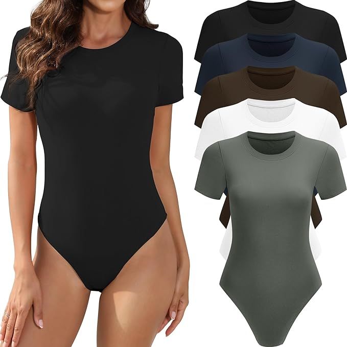 5 Pack Body Suits for Womens Short Sleeve Round Neck Casual Stretchy Basic T Shirt Bodysuit Tops | Amazon (US)