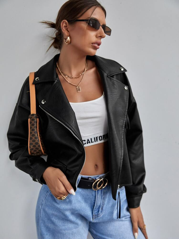 Flap Detail Zip Pocket Drop Shoulder PU Leather Jacket | SHEIN