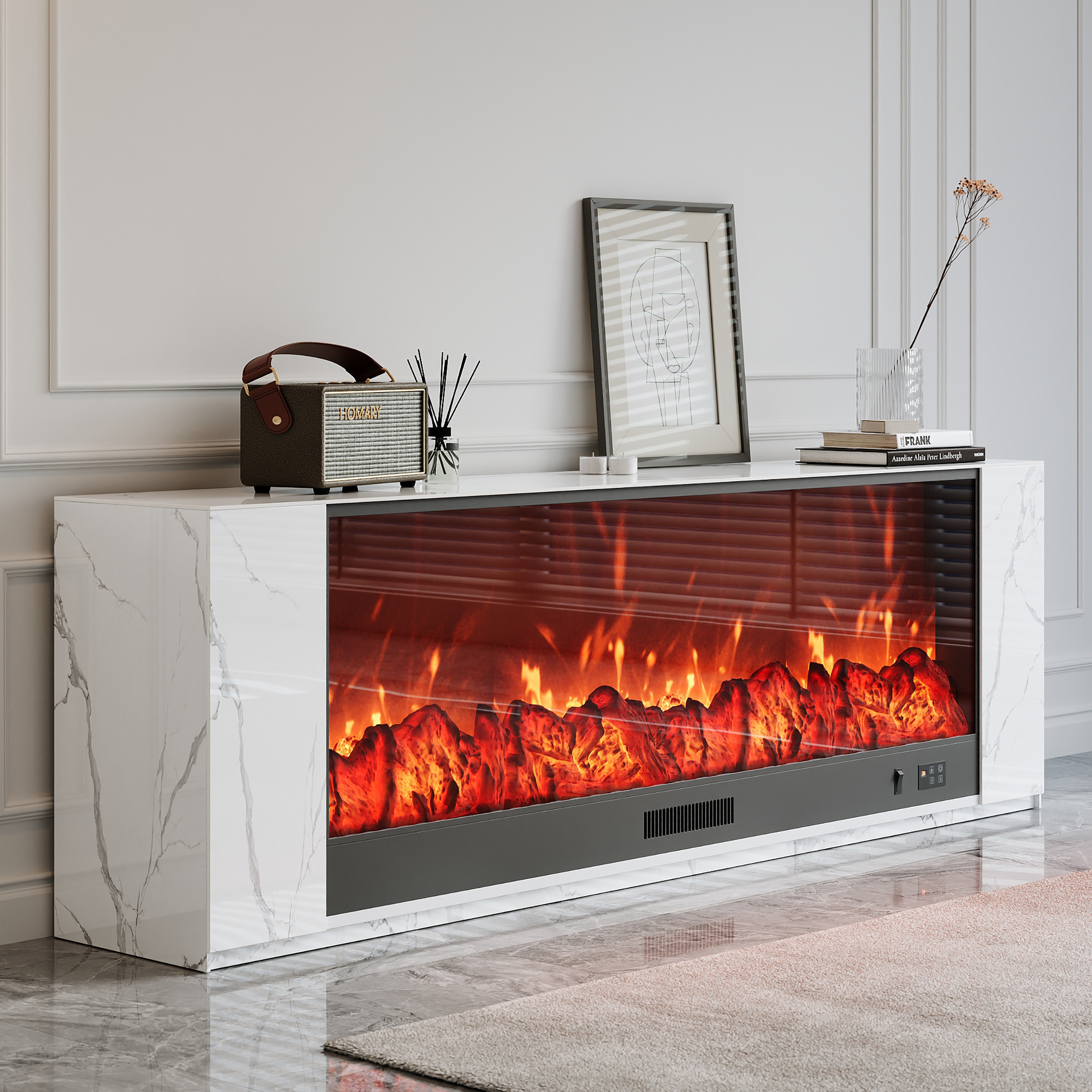 70.9" Modern White Marble Veneer Sintered Stone Electric Fireplace TV Stand with Remote Control Temperature Adjustable | Homary