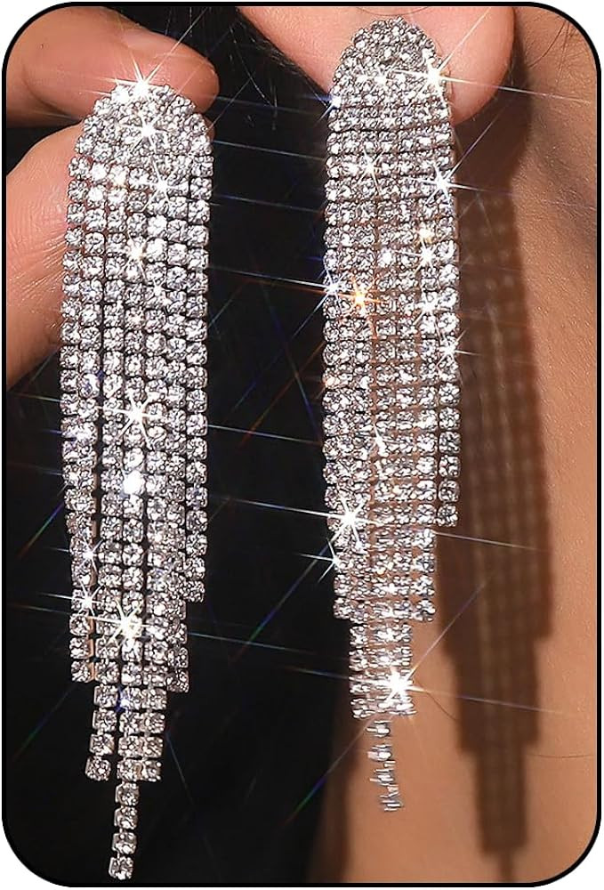Silver Prom Earrings for Women Rhinestone Tassel Earring Sparkly Long Crystal Cz Drop Earrings We... | Amazon (US)