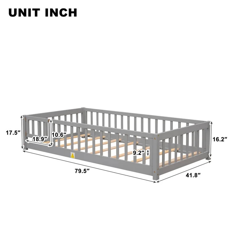 Twin Size Floor Bed for Toddlers and Kids, Solid Wood Montessori Floor Bed with Safety Fence Rail... | Walmart (US)
