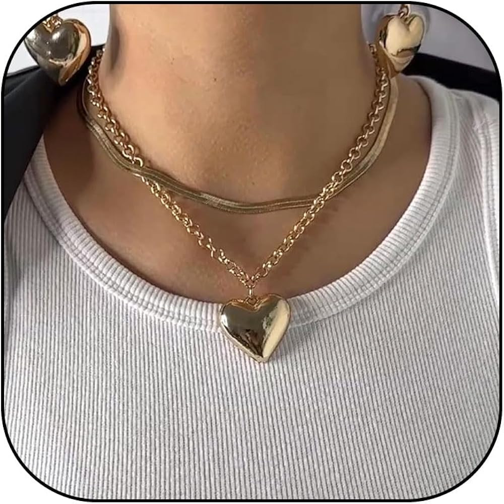 Chunky Heart Necklace for Women Trendy Layered Silver Necklace Gold Chunky Cuban Chain Link Neckl... | Amazon (CA)