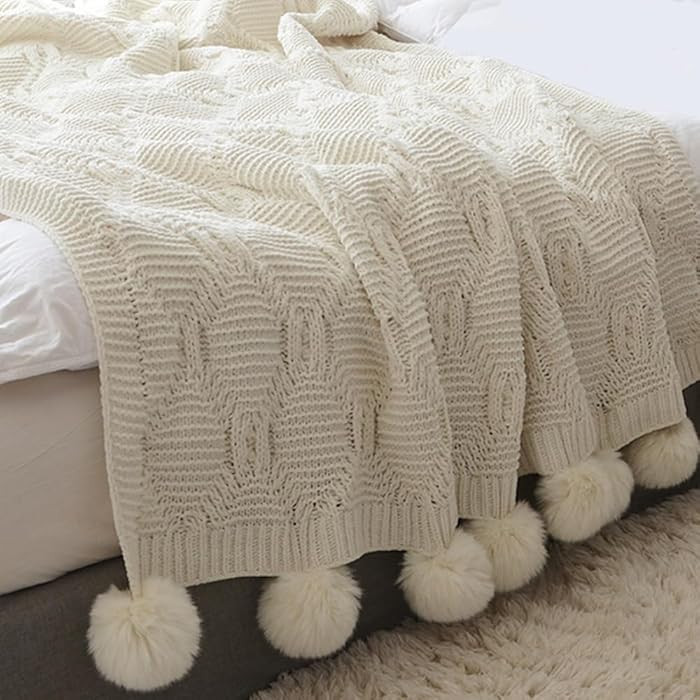 QINU KEONU Chunky Knit Throw Blanket with Pom Poms Tassel Soft Cozy Chenille Knitted Pom Pom Blan... | Amazon (US)