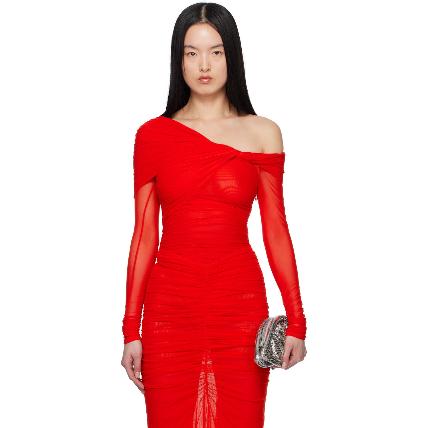 Mugler Red Off-Shoulder Ruched Bodysuit | SSENSE