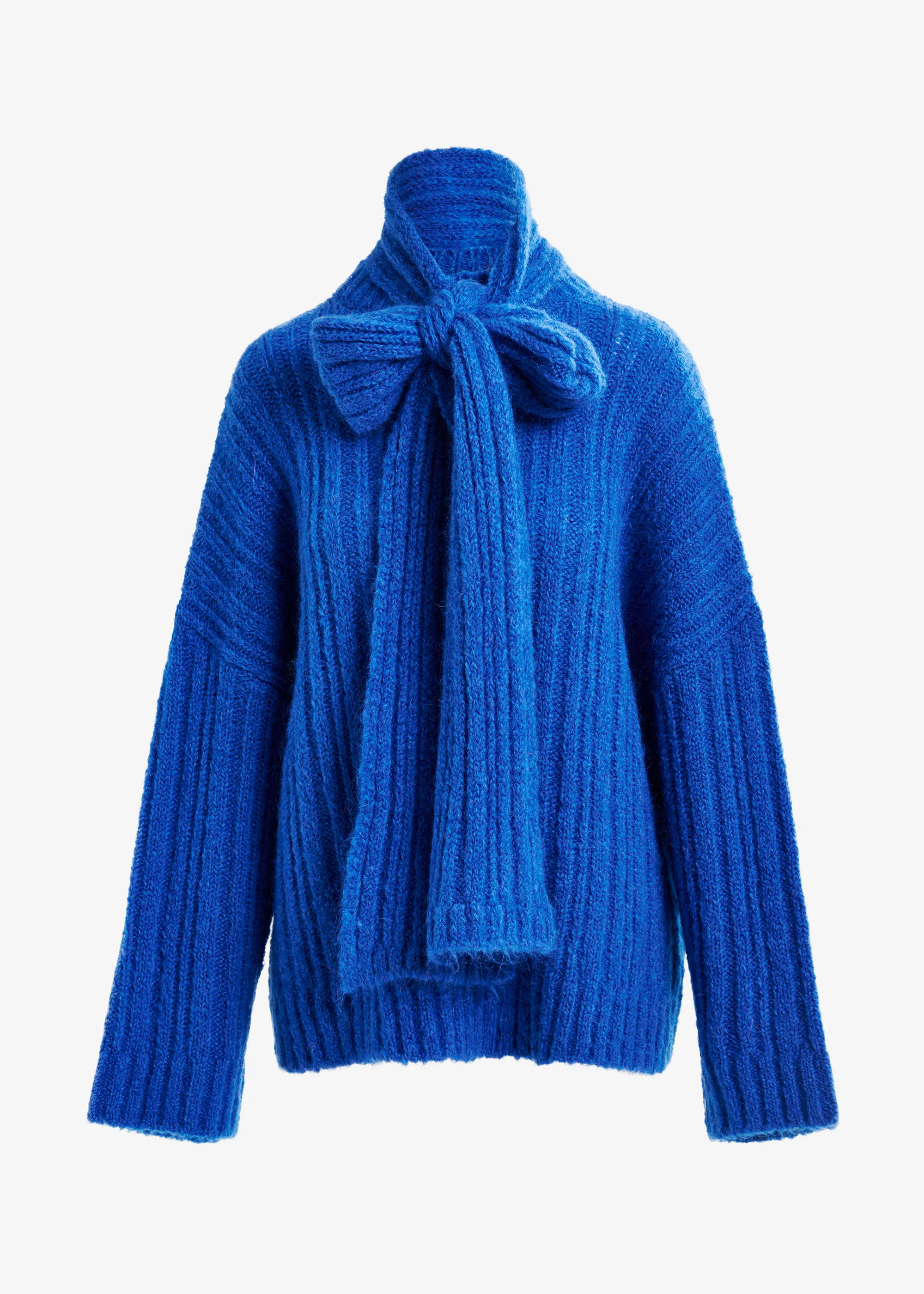 Blue mohair-blend ribbed sweater with pussy-bow tie | Essentiel Antwerp United States | Essentiel Antwerp